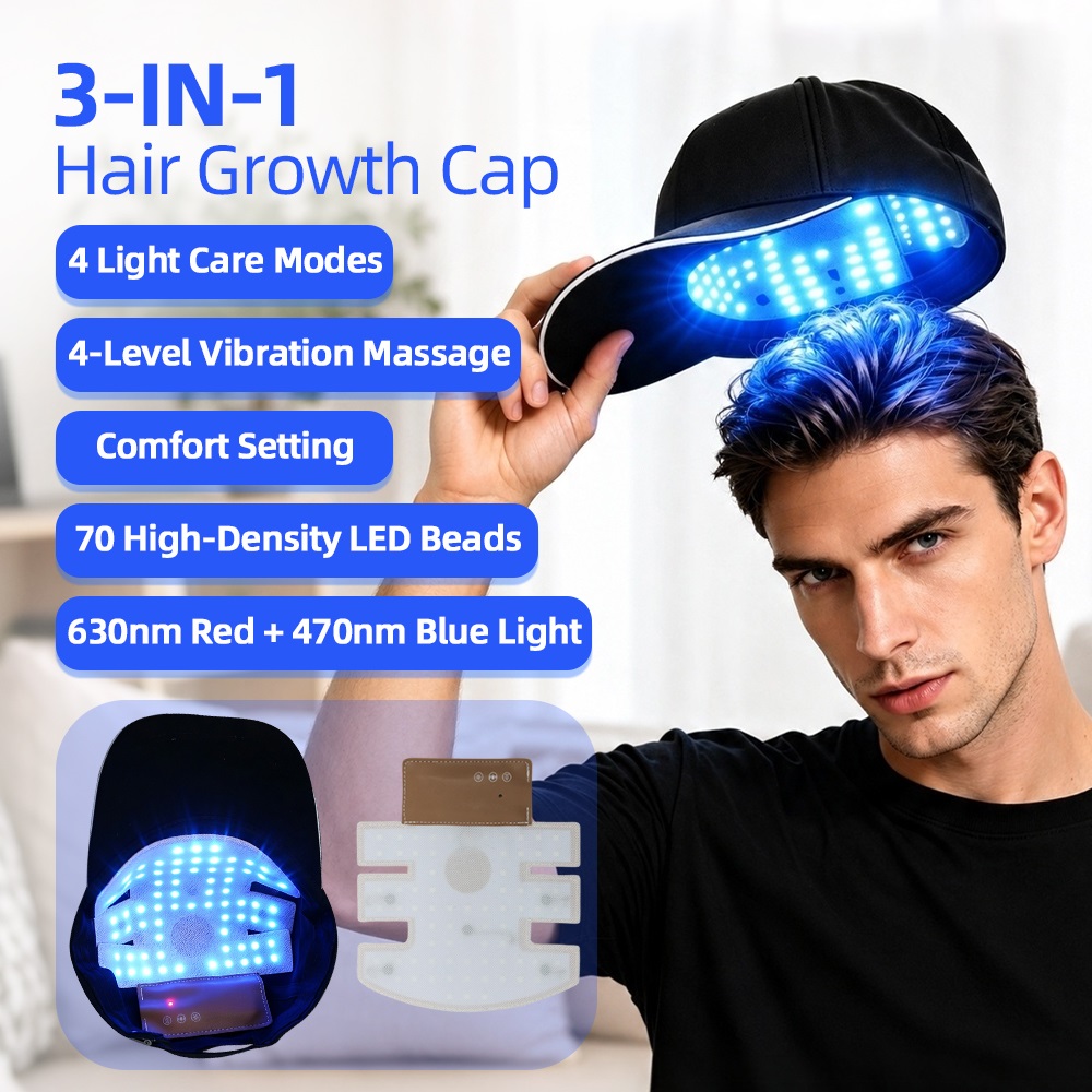 Hair Care With Protein - 630nm Rotlicht+470nm Blaulicht Haarwuchskappe Vibrationsmassage Kopfhautmassagegerät