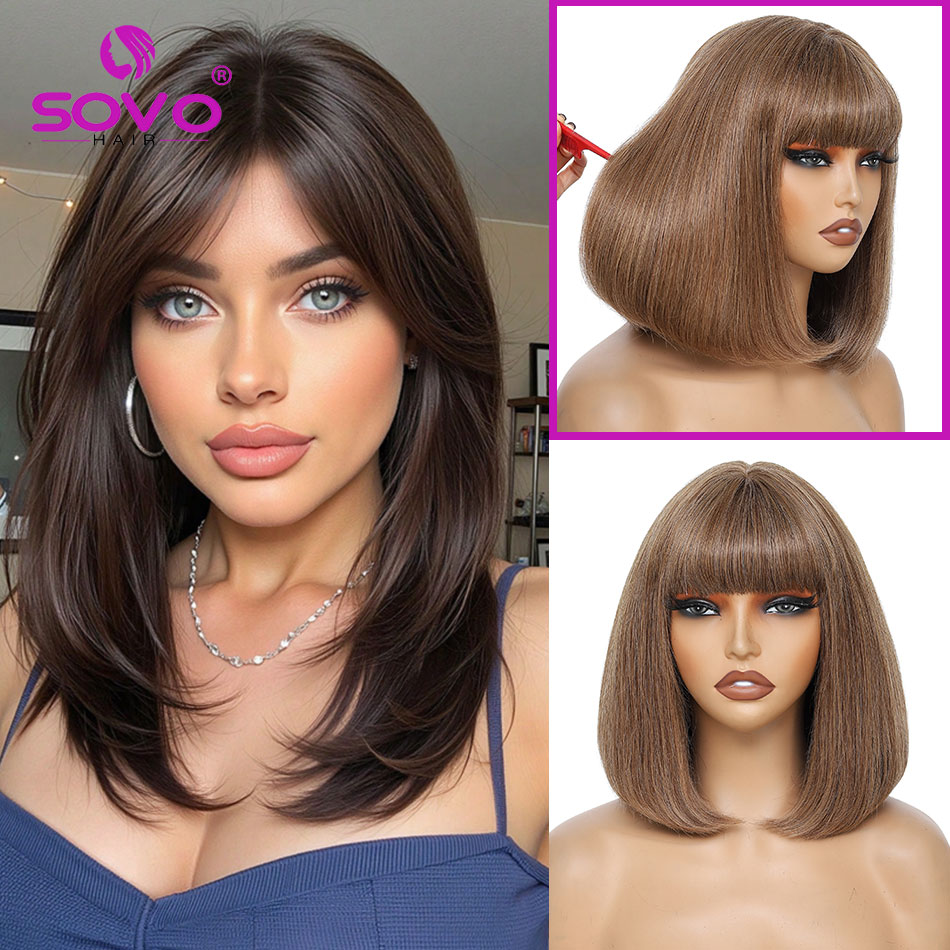 Hair Care Women - Kurze Bob-Perücken aus braunem, glattem Echthaar